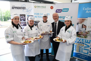 Pictured on the day were --  Today Thursday 11 May, secondary school students from across Munster travelled to IT Tralee for the final service in the 2016/2017 Flogas Ireland and Failte Ireland sponsored Schools Apprentice Chef Programme.  ___________________________________________________________________________________________________________________________ KERRY STUDENT WINS SCHOOLS APPRENTICE CHEF 17 year old Padriac Randles from Pobalscoil Inbhear Scéine, Kenmare, Co Kerry carried off the Supreme Apprentice Chef title for 2017.  It was his second year to enter the competition and he won for his dish of marinated pan fried Skeaghanore duck fillet, potato rosti, spring roll with celeriac and cabbage, carrot purée, toasted hazelnuts and sweet potato crisps.  Joint second place was awarded to Emily O Hara from Midleton College in Cork for her pan seared bream and Lauren Wall from St Declan’s Community College, Kilmacthomas, Co Waterford for her herb crusted fillet of cod.  Kelly English from St Colman’s Community College in Midleton, Co Cork received third place for her “Lemon Trio & Chocolate Surprise.” All finalists experienced an authentic restaurant environment in the kitchens at IT Tralee and served dishes which ranged from “green tea smoked chicken with cauliflower rice, apple & fennel slaw” to “pistachio, courgette and lemon cake” to a panel of discerning judges. As the winner, Padraic, who was participating in the programme for a second year, walked away with a prize package that included a set of professional knives, €1000 equipment for his school, Pobalscoil Inbhear Scéine in Kenmare, a year’s subscription to Easyfood Magazine and a professional food styling session at Easyfood Magazine HQ this summer.  In addition, the specially commissioned Supreme Apprentice Chef perpetual trophy was presented to Padraic by Michael Murphy, sales representative for Flogas Ireland. Addressing an audience comprising students, teachers and fami